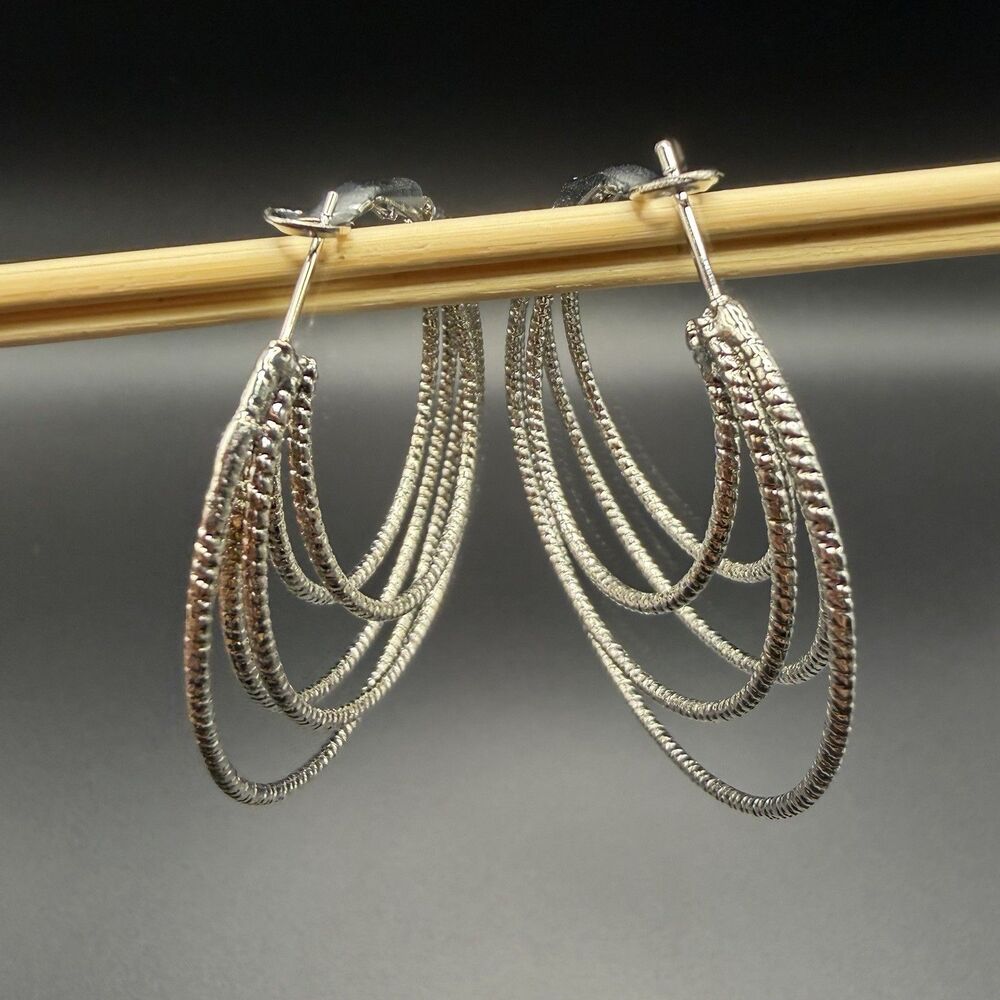 Silver Tone Multi Strand Layered Hoop Earrings Textured Tiered Waterfall Dangle